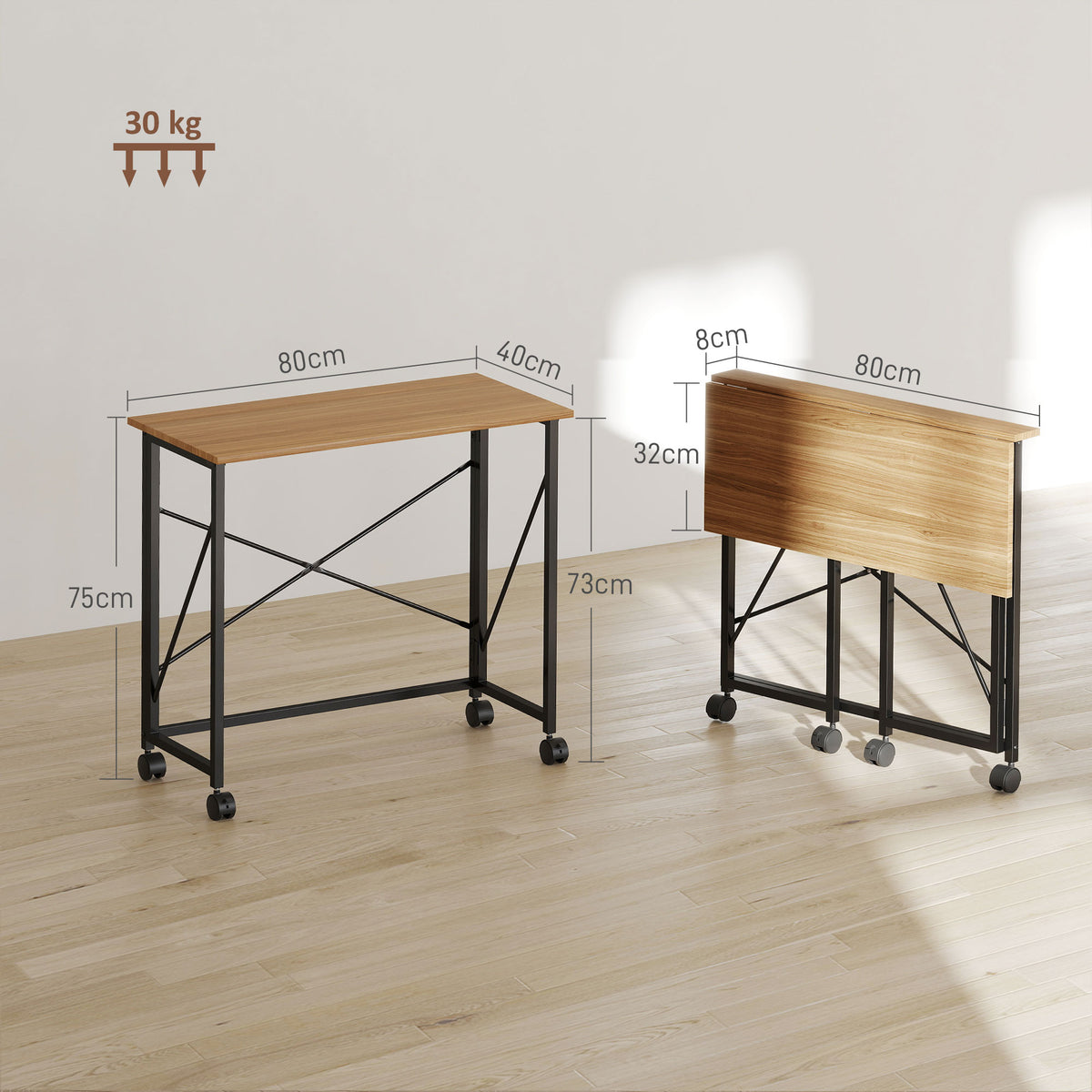 Klappbarer Schreibtisch mit R?dern, platzsparend, Stahl, MDF, Eiche