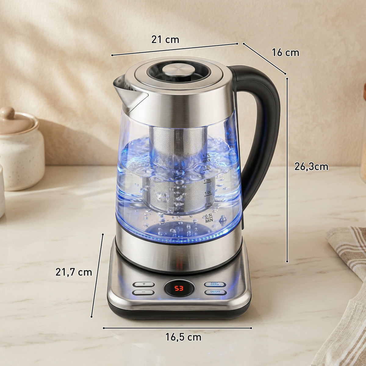 Elektrischer Wasserkocher, 1,7L Schnellkochender 2200W Wasserkocher mit UK Strix Thermostat, Teesieb, Warmhaltefunktion