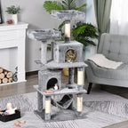  Katzen Kratzbaum groß 145 cm, Katzenbaum mit Hängematte, Kletterbaum für Katzen, Katzenkratzbaum Höhle Katzenmöbel mit Sisalstämmen, Hellgrau