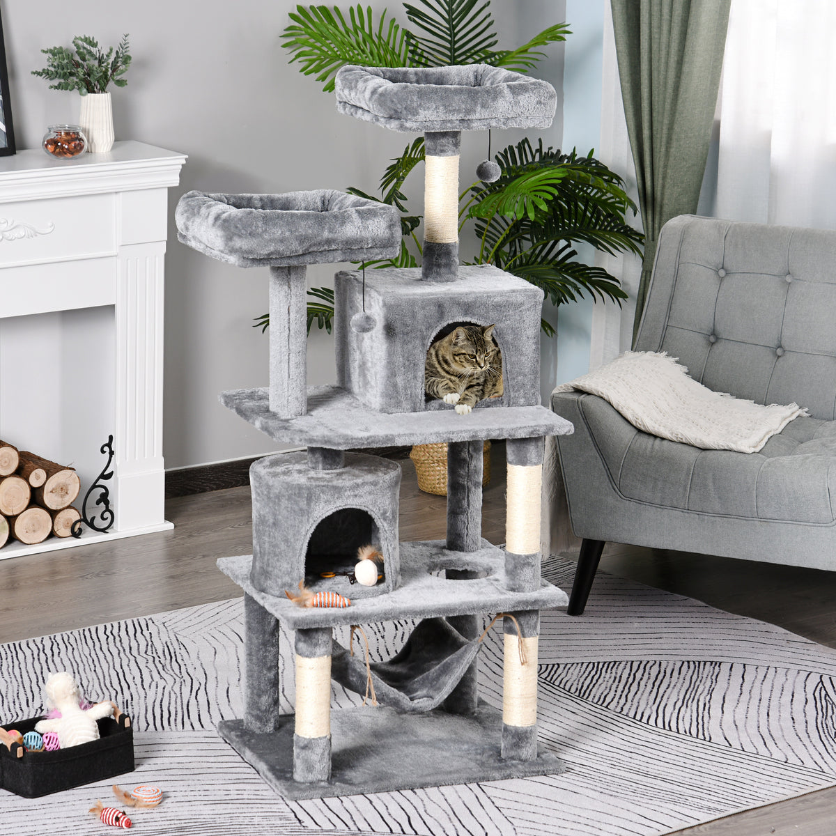  Katzen Kratzbaum groß 145 cm, Katzenbaum mit Hängematte, Kletterbaum für Katzen, Katzenkratzbaum Höhle Katzenmöbel mit Sisalstämmen, Hellgrau