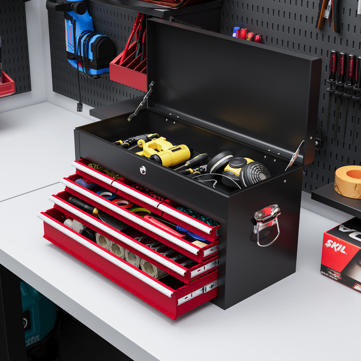 Steel Six Drawer Tool Storage Carry Chest, with Lock and Keys - Red