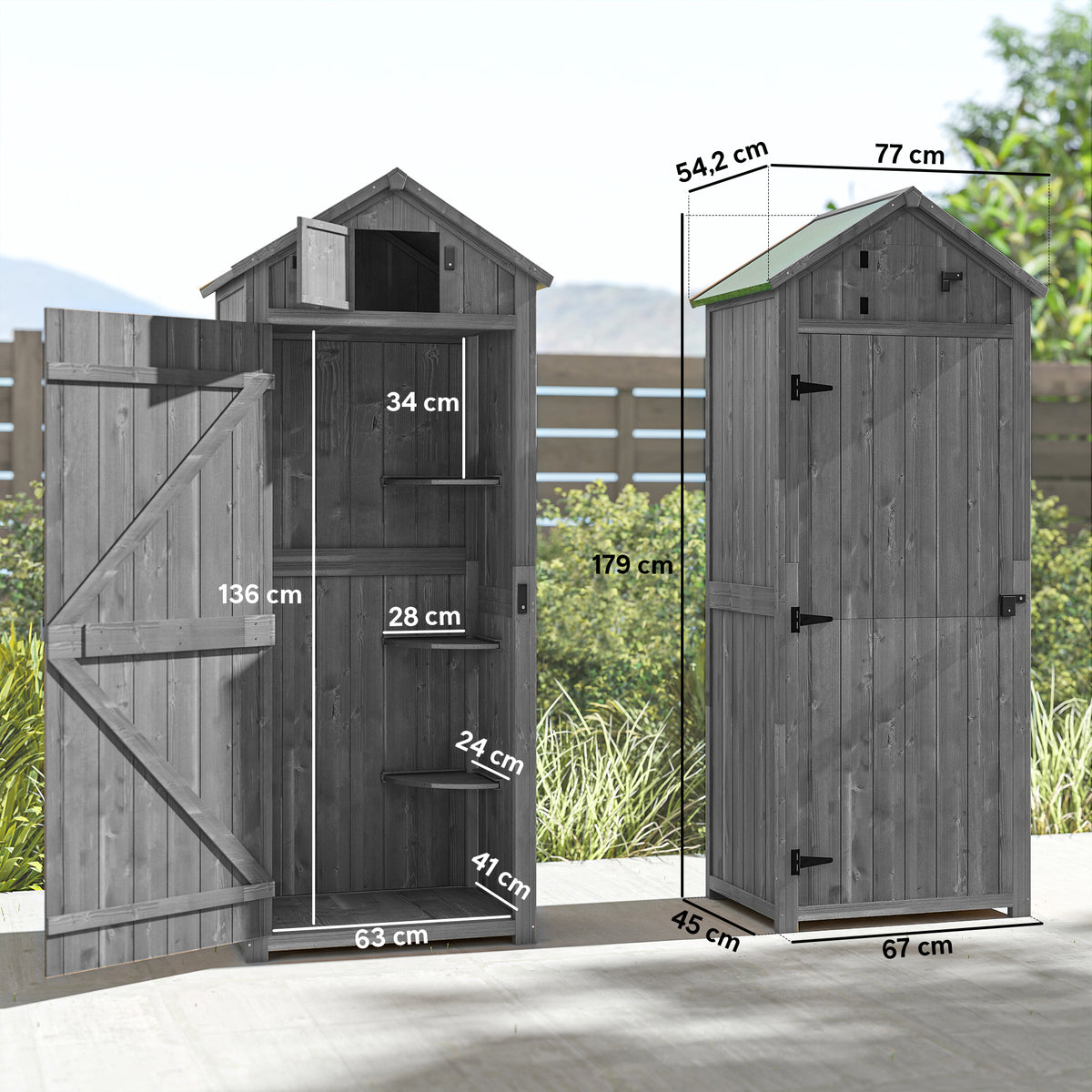  Wooden Garden Shed, Utility Outdoor Small Shed with Lockable Double Doors, Shelves and Roof Hatch, Grey