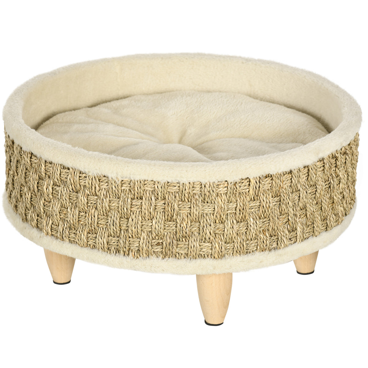 Haustierbett für Katzen und Hunde, Seegras, waschbares Kissen, 48 cm x 48 cm x 24,5 cm, Beige + Khaki - Natur