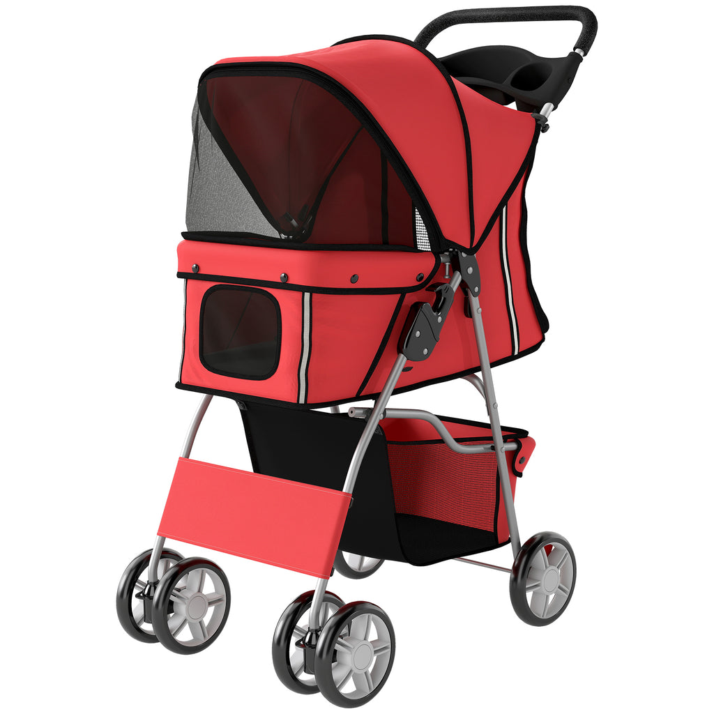 Dog Pram, Pet Stroller with Reflective Strips, Foldable Cat Stroller with 360° Swivel Wheels, Red