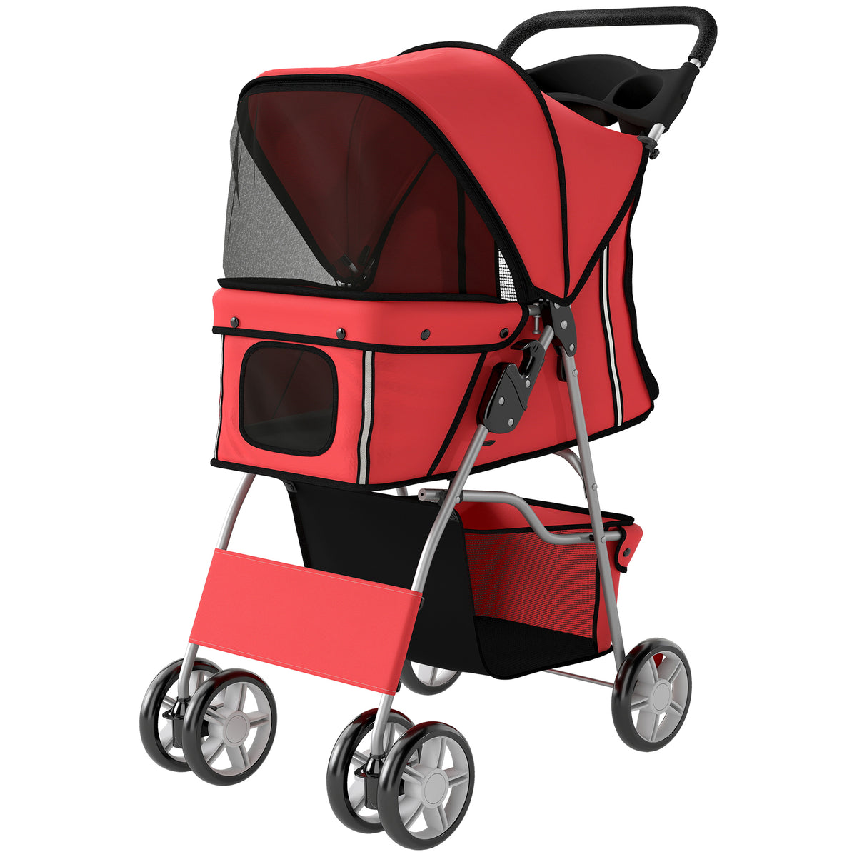 Dog Pram, Pet Stroller with Reflective Strips, Foldable Cat Stroller with 360° Swivel Wheels, Red