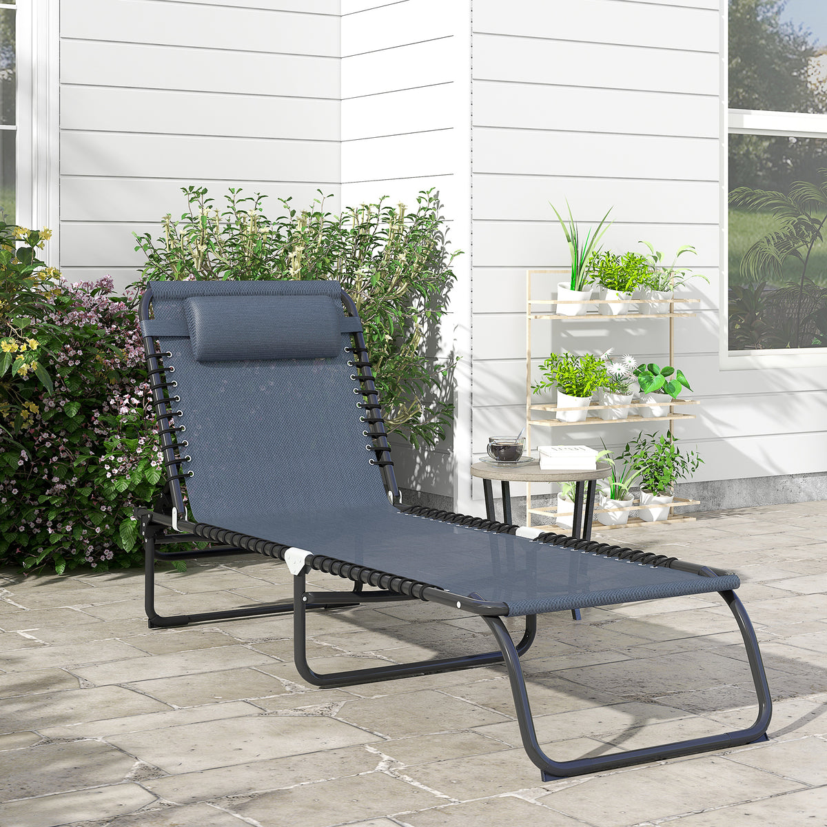 Foldable Sun Lounger, Outdoor 4 Level Adjustable Backrest Reclining Chaise Chair, Steel Frame Recliner Chair for Camping, Hiking, Grey