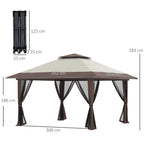 Faltpavillon, höhenverstellbar, 4 Netzwände, Lüftungsdach, Tragetasche, Schnellaufbau, 4 x 4 x 3 m, Beige