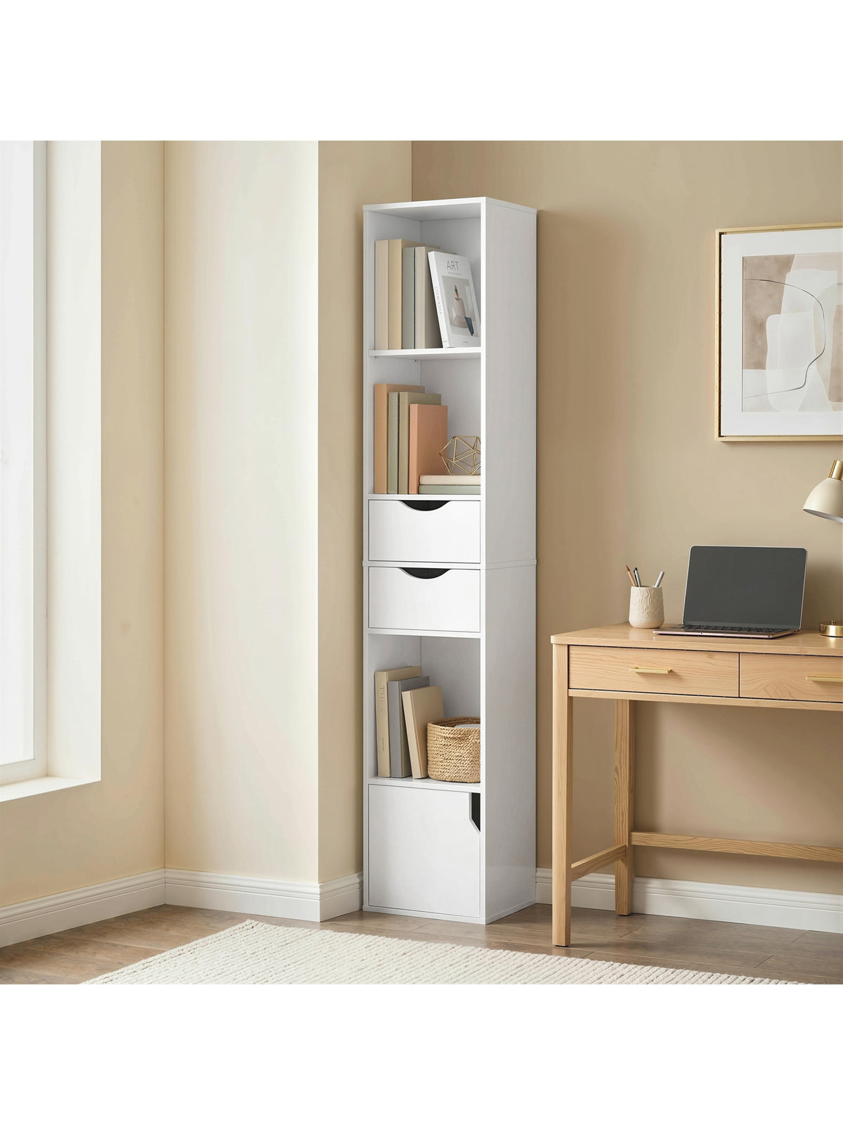 Bücherregal mit 2 Schubladen, Schmal, für Büro, 30x24x158cm Weiß