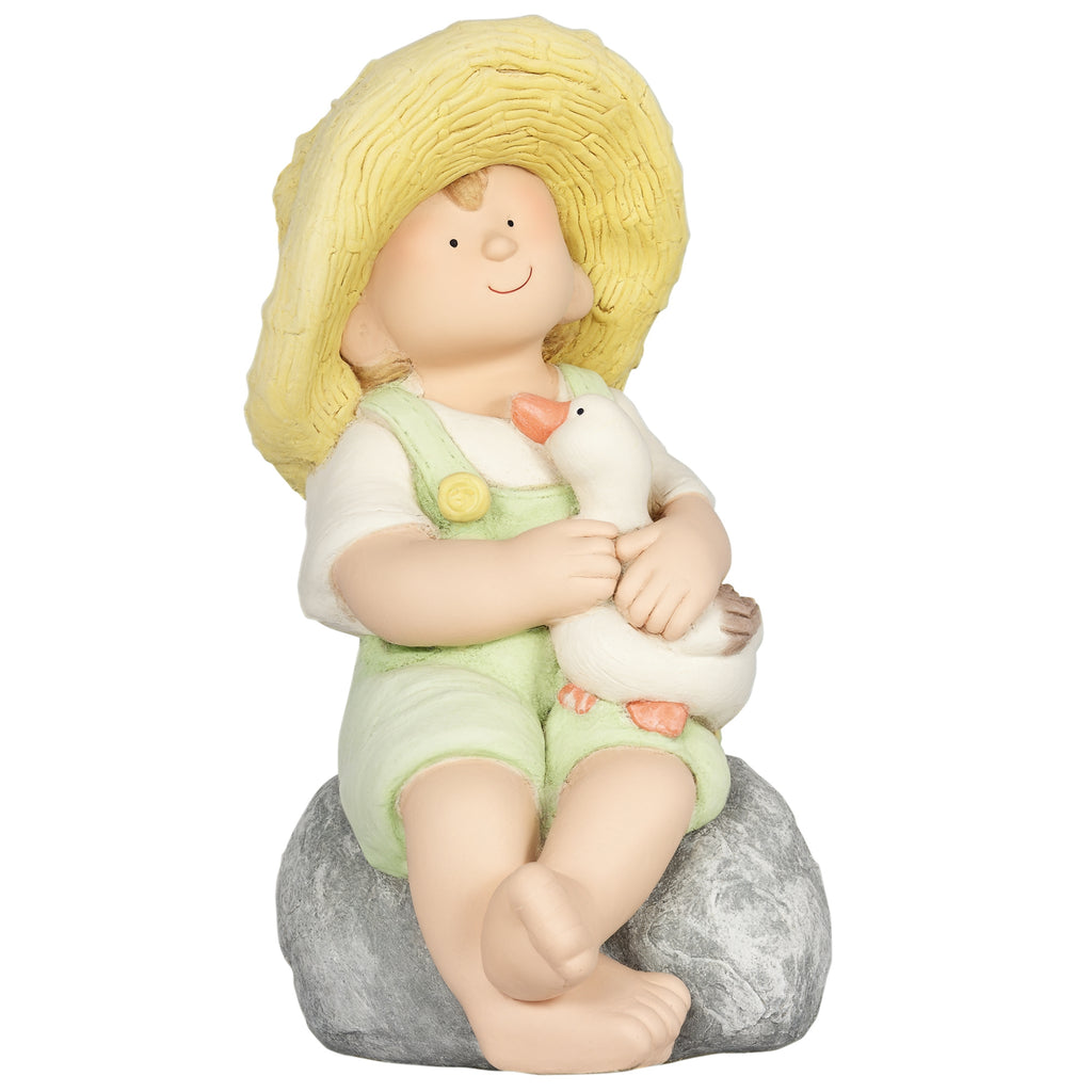 Gartenfigur "Kleiner Junge mit Strohhut", Gartendekoration, wetterbeständig, 23,5 cm x 25 cm x 43 cm