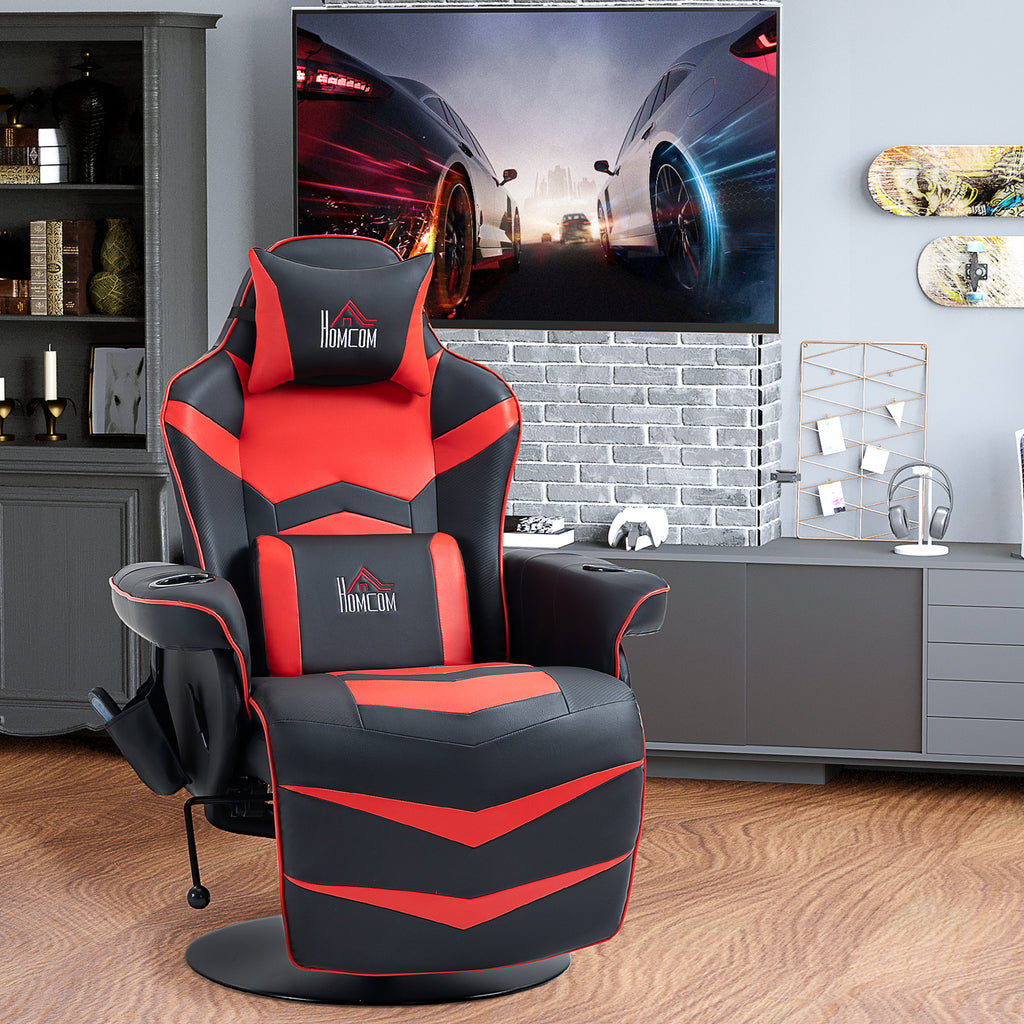 Gamingsessel, Massagefunktion, neigbare Lehne, Fußstütze, bis 120 kg, Stahlrahmen, Kunstleder, Rot
