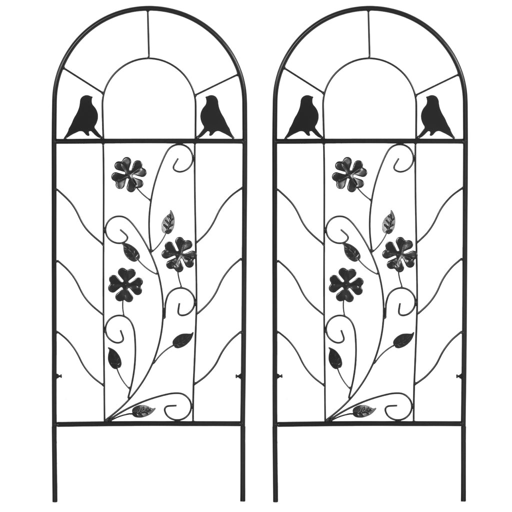 2er-Set Metallspalier, mit Vogel- und Kleeverzierung, für Garten & Terrasse, schwarz, 38 x 98 cm