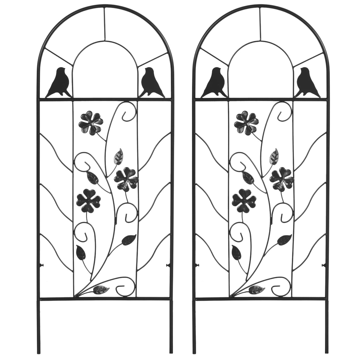 2er-Set Metallspalier, mit Vogel- und Kleeverzierung, für Garten & Terrasse, schwarz, 38 x 98 cm