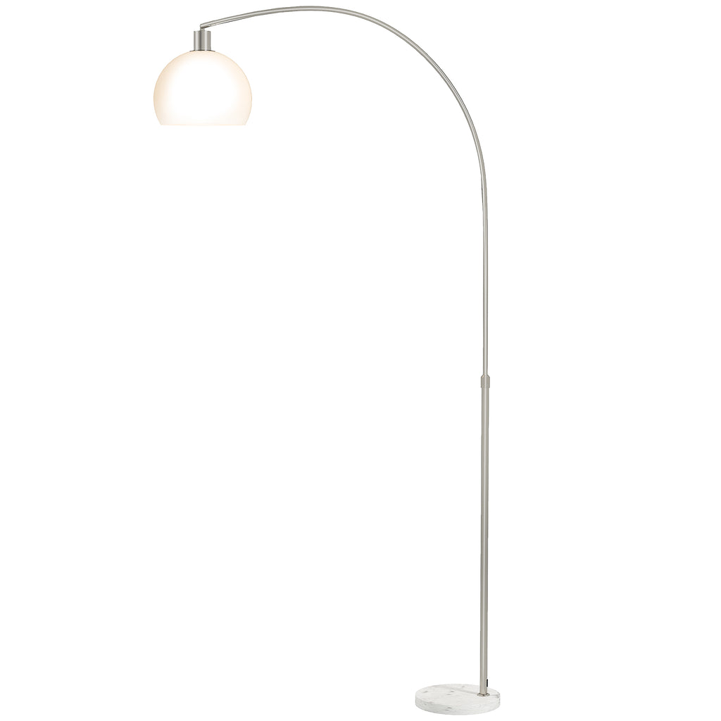 Stehlampe, gebogener Kopf, Fußschalter, Marmorsockel, Kunststoffschirm, Weiß