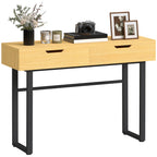 Konsolentisch Schmaler Flurtisch mit 2 Schubladen, Metallrahmen, für Flur 110 x 35 x 76,5 cm Natur