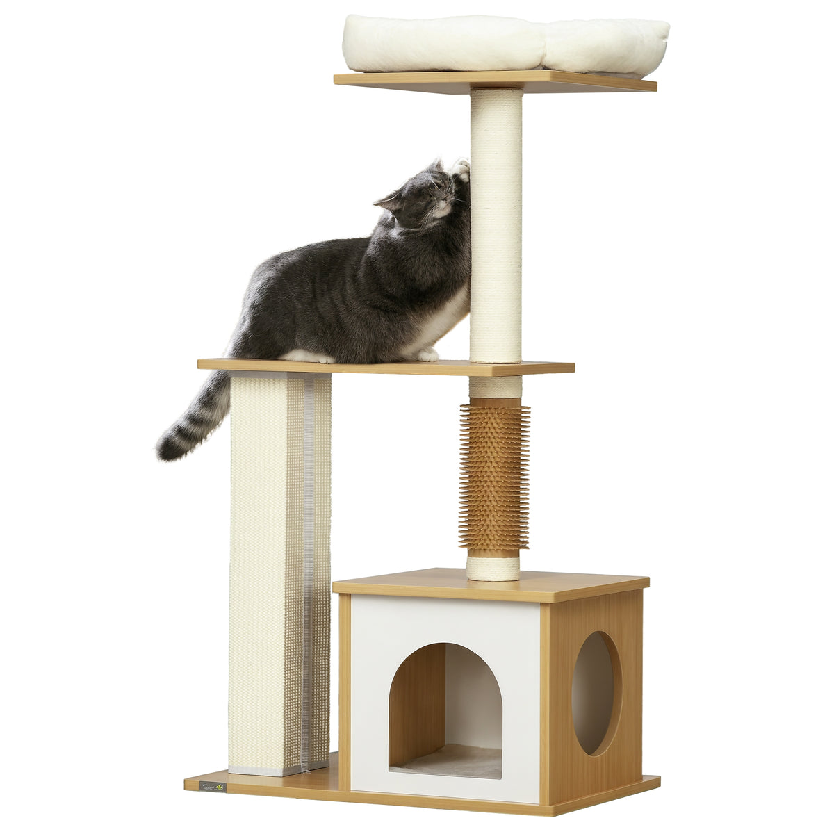 Kratzbaum Katzenbaum Katzenhöhle, 1 Katzenbett, 1 Liegefläche, 59,5 cm x 39,5 cm x 114 cm, Braun + Weiß