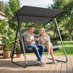 2-Seater Rattan Swing Chair, Outdoor Garden Hanging Swing Seat with Stand, Adjustable Canopy and Soft Cushions
