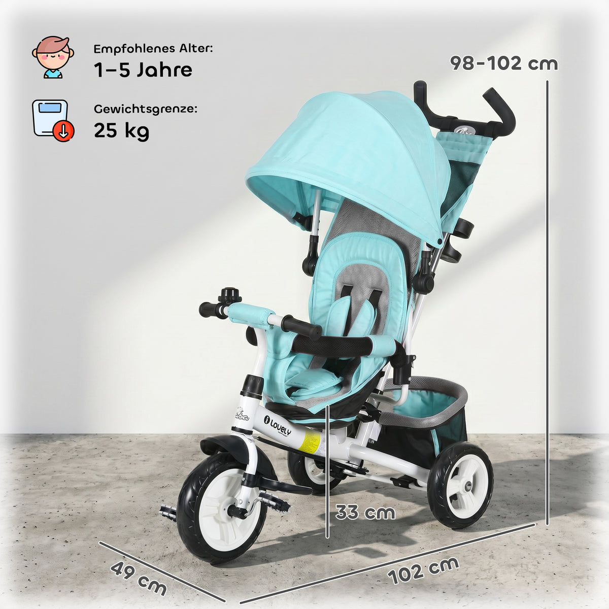6 in 1 Kids Trike with Parent Handle, Canopy, 5-point Seat Belt, Storage, Footrest, Brake, for 1-5 Years, Green