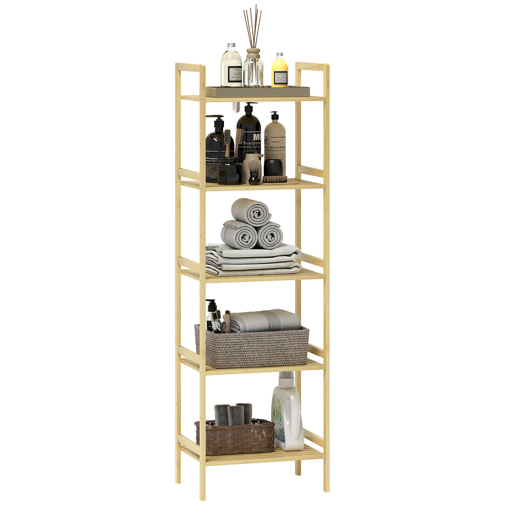  5-Tier Bamboo Bathroom Storage Shelf, Freestanding Shelving Unit with Adjustable Rack for Kitchen Bathroom Living Room, Natural Wood Finish
