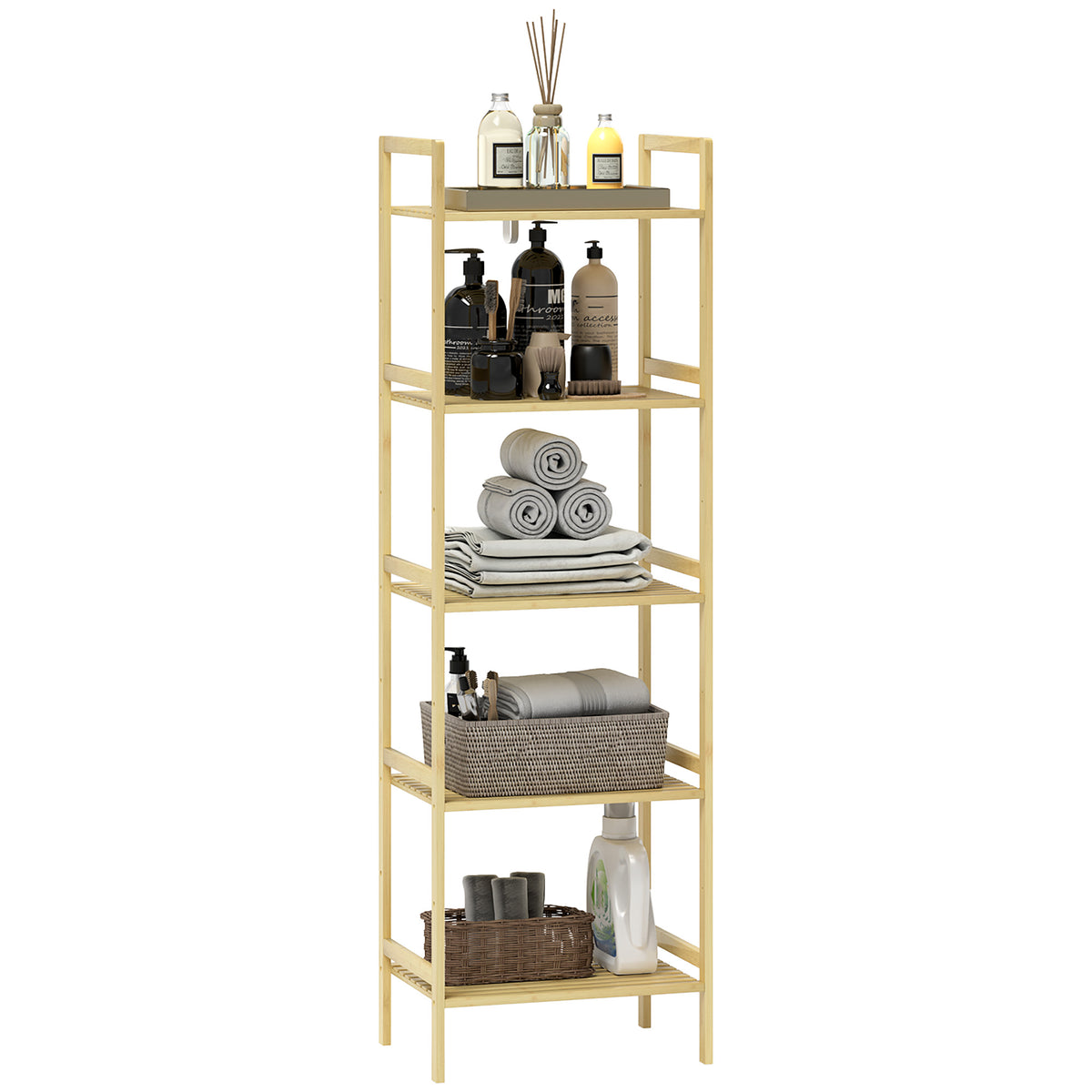  5-Tier Bamboo Bathroom Storage Shelf, Freestanding Shelving Unit with Adjustable Rack for Kitchen Bathroom Living Room, Natural Wood Finish