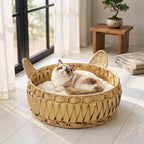 Katzenbett Rattan Katzenhöhle mit abnehmbares Kissen, Katzenkorb für Katzen bis 10 kg, 50 x 50 x 25 cm, Hellbraun