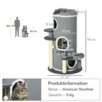 Barrel Shaped Cat Tree with Sisal Scratching Posts, Cat Bed, Platforms, Hanging Ball, Grey, Grey
