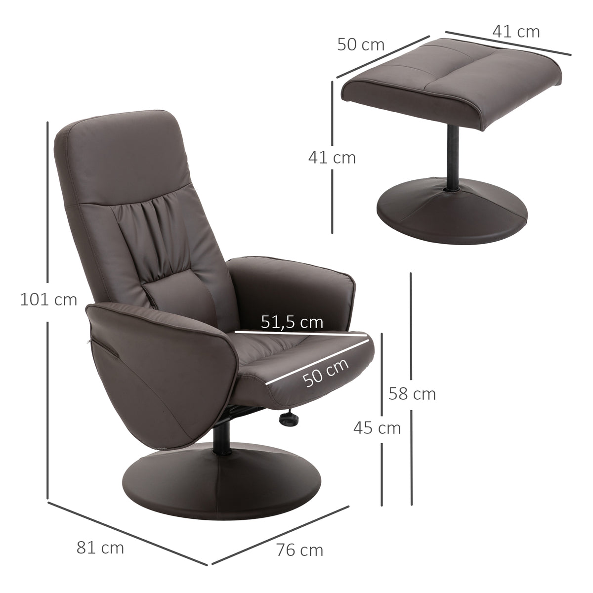 2-teiliges Sessel-Set, Sessel mit Fußhocker, Relaxsessel mit Fußhocker, höhenverstellbar, neigbare Rückenlehne, Braun