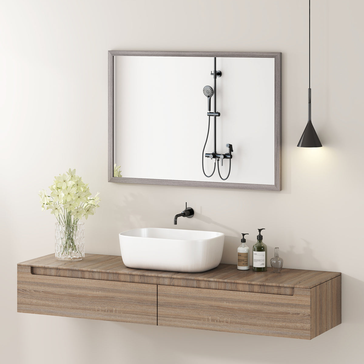 Wall Bathroom Mirror, 50 x 70 cm Wall-Mounted Mirror for Living Room, Bedroom, Hallway, Grey