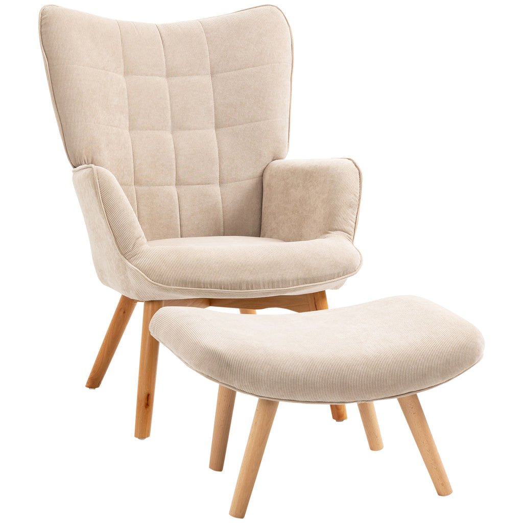 Akzentsessel mit Hocker, Relaxsessel in Cord-Optik, Armlehnstuhl mit Holzbeinen, für Wohnzimmer, Beige