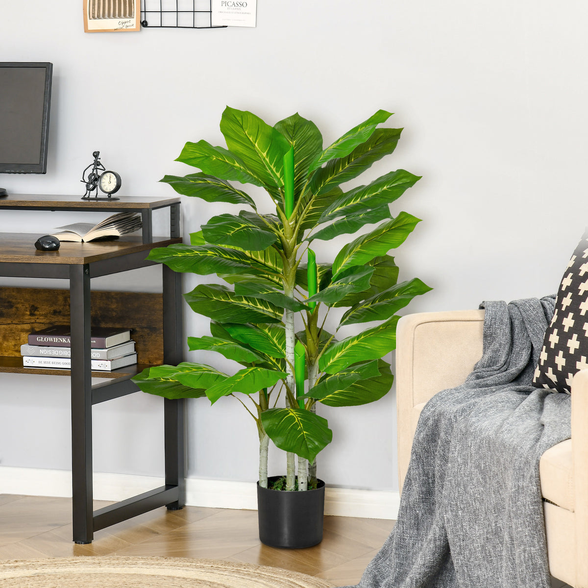 Künstlicher Baum 95 cm Kunstpflanze mit 33 Blättern, Topf für Wohnzimmer
