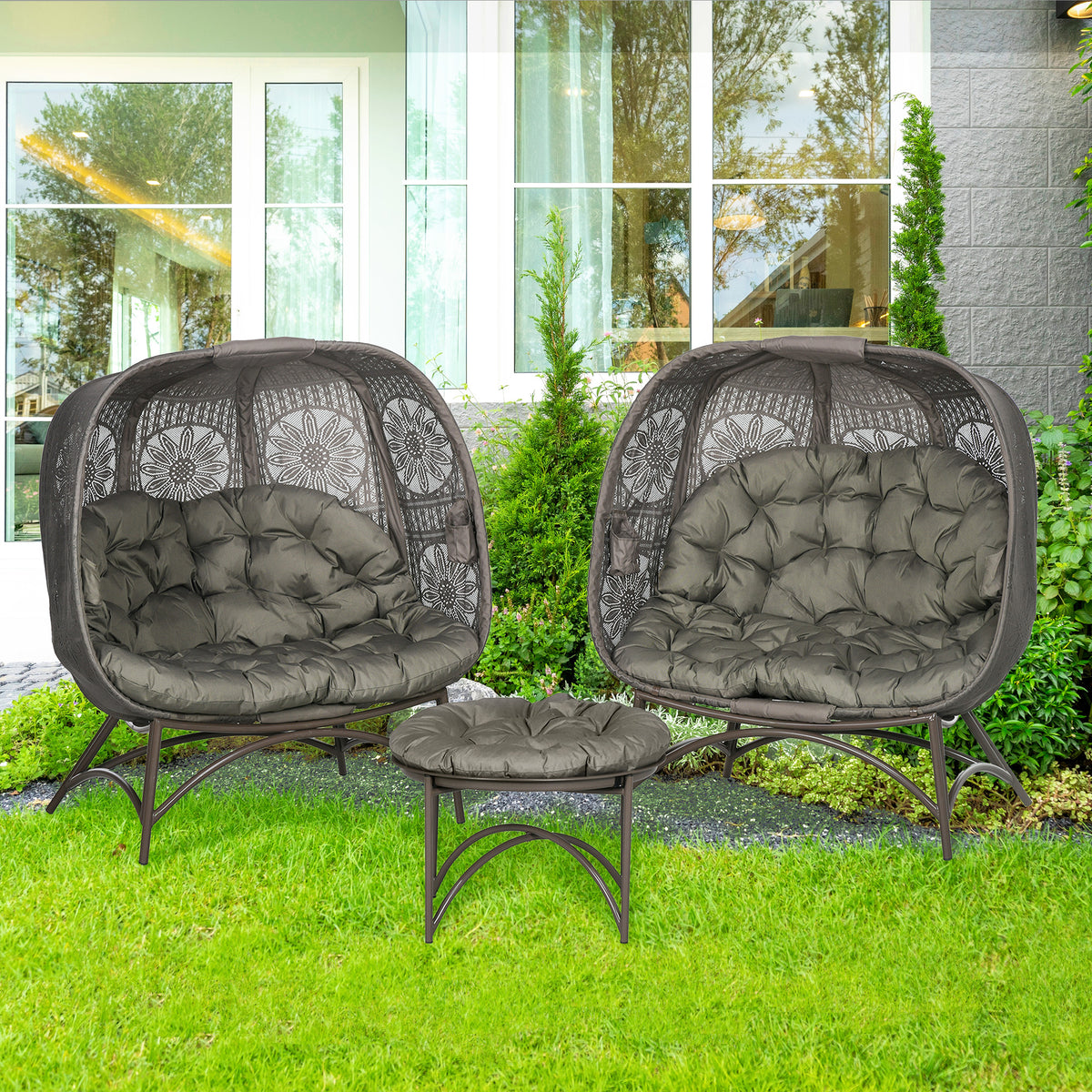 Gartenmöbel-Set, 2 Korbsessel mit Beistelltisch, faltbar, Sitzauflagen, Metallgestell, Farbe: Sand