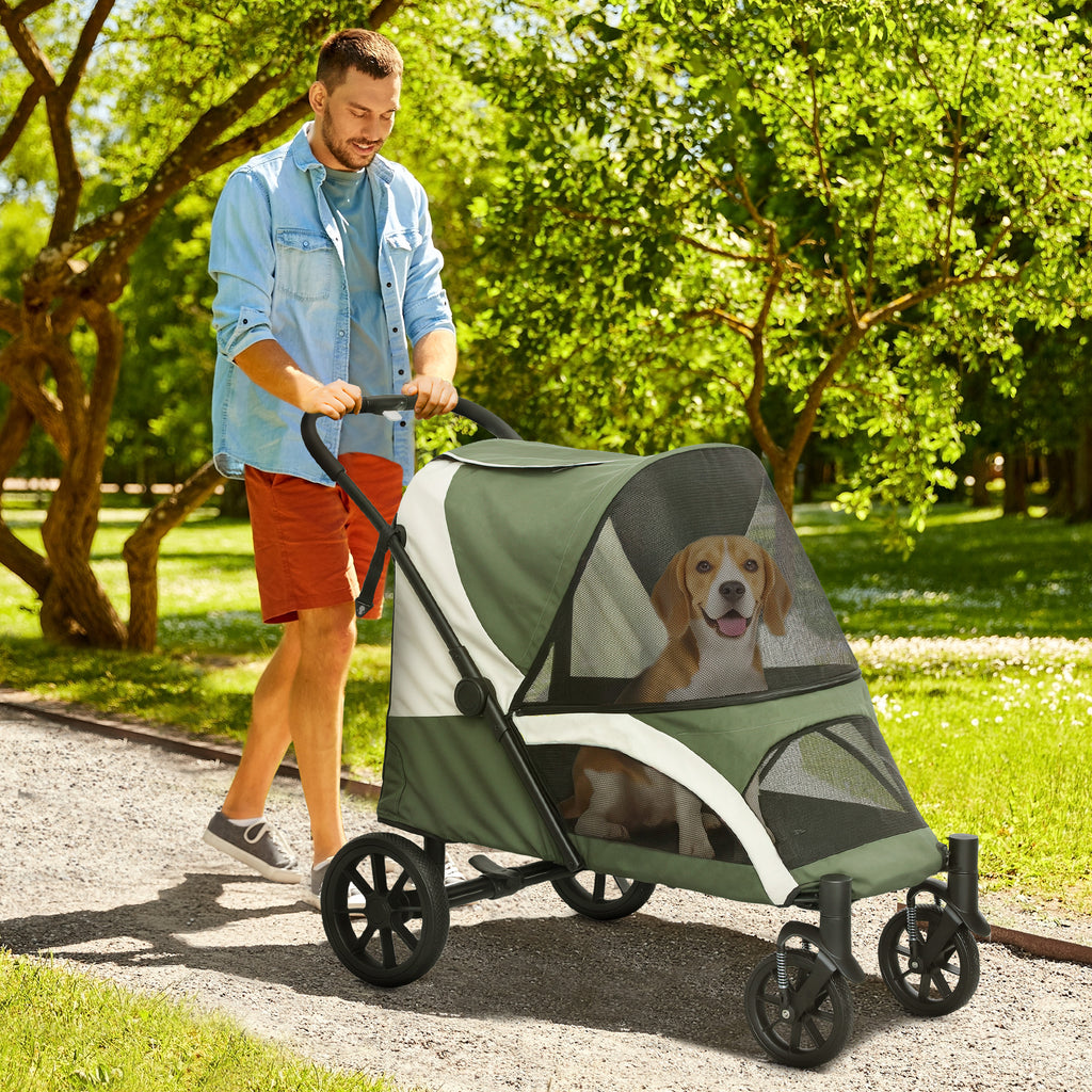 Foldable Pet Stroller for Medium Dogs with Four Big Wheels, Shock-Absorbing Frame, Safety Leashes, Brakes, Dark Green