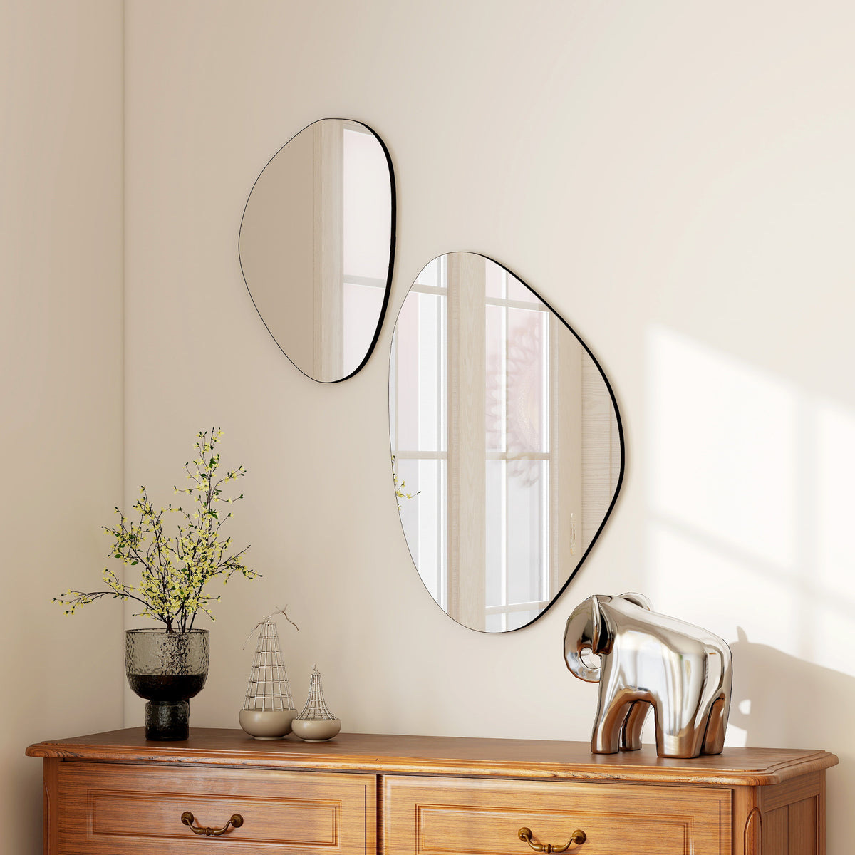 Set of 2 Pebble-Shaped Wall Mirror - Black