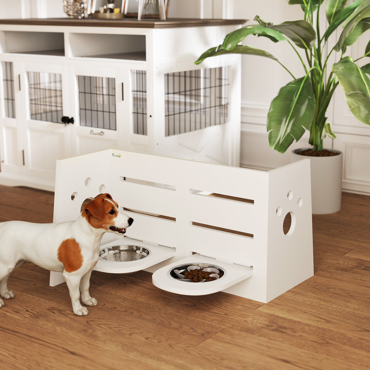 Hundefutternapf-Gestell, verstellbare Futternäpfe mit separatem Design, 2 Edelstahlschüsseln, Anti-Schling-Matte, Weiß