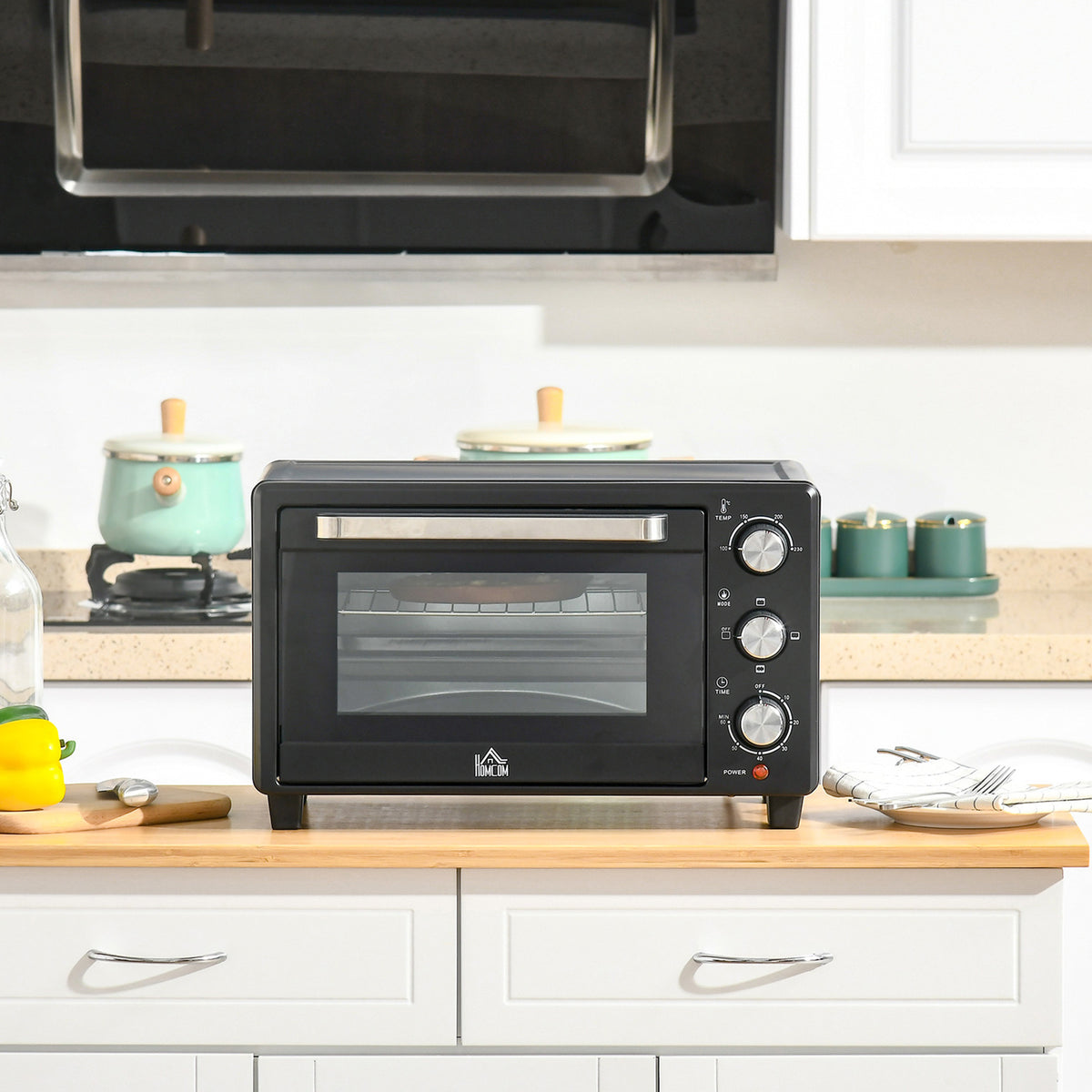 Minibackofen, 21 L Toasterofen mit 1 Drahtgestell und 1 Backblech, 3 Kochmodi, 100?¡ãC-230?¡ãC, Edelstahl, Glas, Schwarz