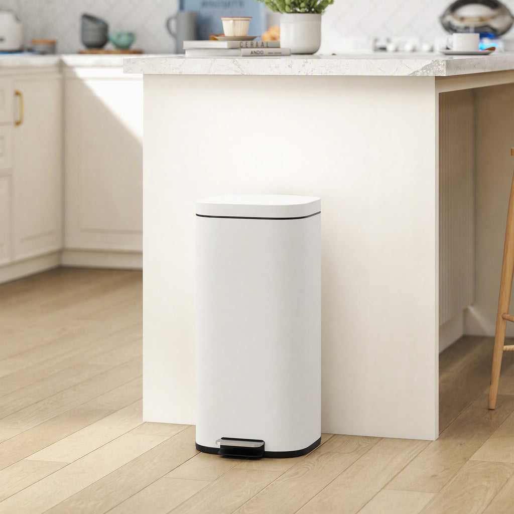 30L Kitchen Bin, Compact Pedal Bin with Soft-Close and Stay-Open Lid, Removable Bucket for Kitchen, Home, Office, Cream
