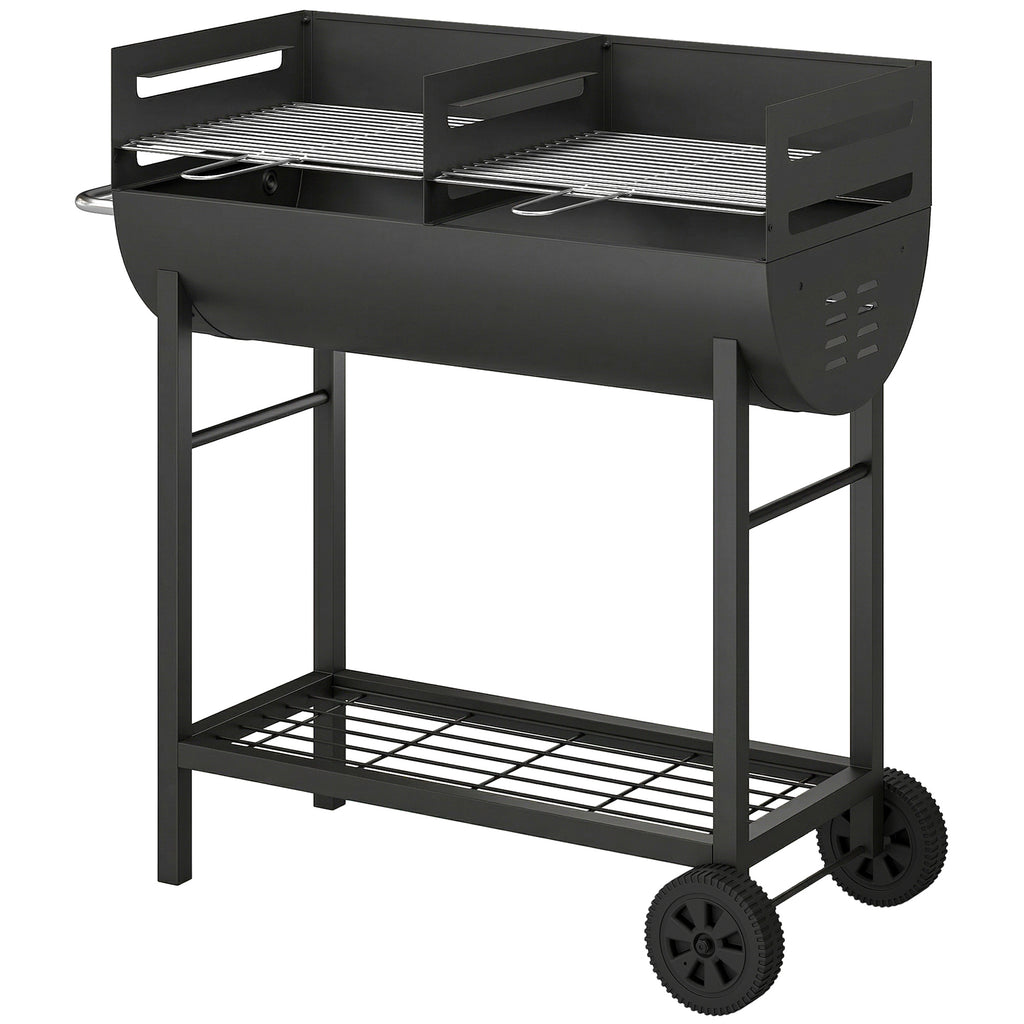 Charcoal Barbecue Grill with 2 Cooking Areas, Portable BBQ Trolley with Wheels, Height Adjustable Grates, Bottom Shelf