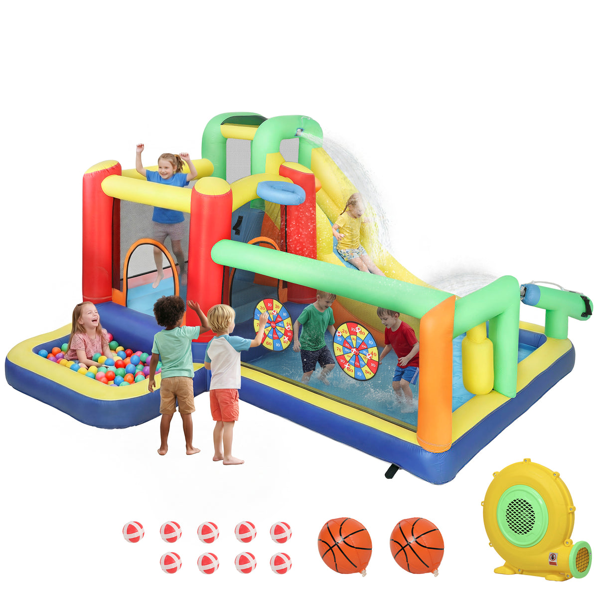 9-in-1 Aufblasbare Hüpfburg mit Gebläse Rutsche Planschbecken Wasserpistole für 3-8 Jahre 330x290x185 cm Mehrfarbig