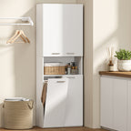 174 cm hoher Badezimmerschrank mit ausklappbarem Wäschekorb und Soft-Close-Türen, Weiß