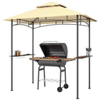 8' x 5' Grill Gazebo, Double Tiered BBQ Gazebo Shelter Canopy with LED Lights, 2 Side Shelves, Hooks, Beige