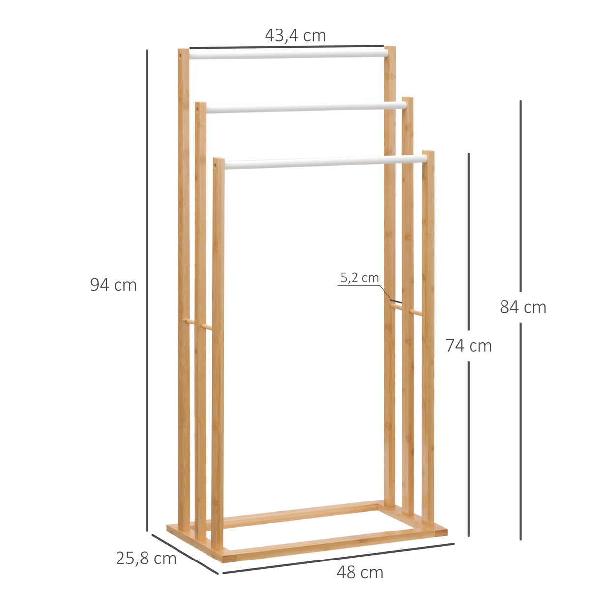 Handtuschst?nder aus Bambus. 3-teiliges Design, 3 Handtuchstangen 48 cm x 25,8 cm x 94 cm, Natur + Wei?