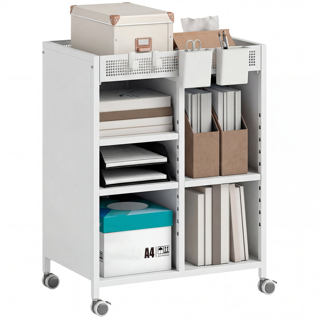 Bücherregal auf Rollen, 4-stufig, verstellbare Regalböden & Hängekörbe für Home Office und Wohnzimmer, Weiß