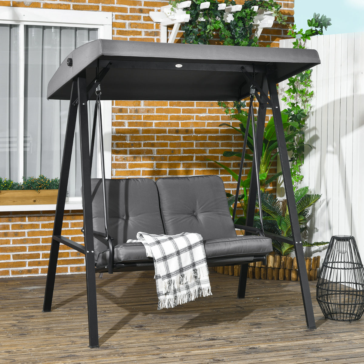 Two-Seater Garden Swing Bench, with Adjustable Canopy - Dark Grey