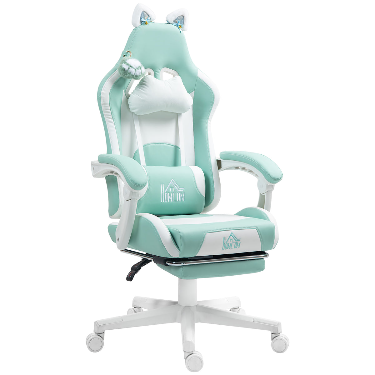 Gaming-Sessel mit Katzenohren, neigbare Lehne, ausziehbare Fu?st¨¹tze, bis 120 kg belastbar, Tiffanyblau