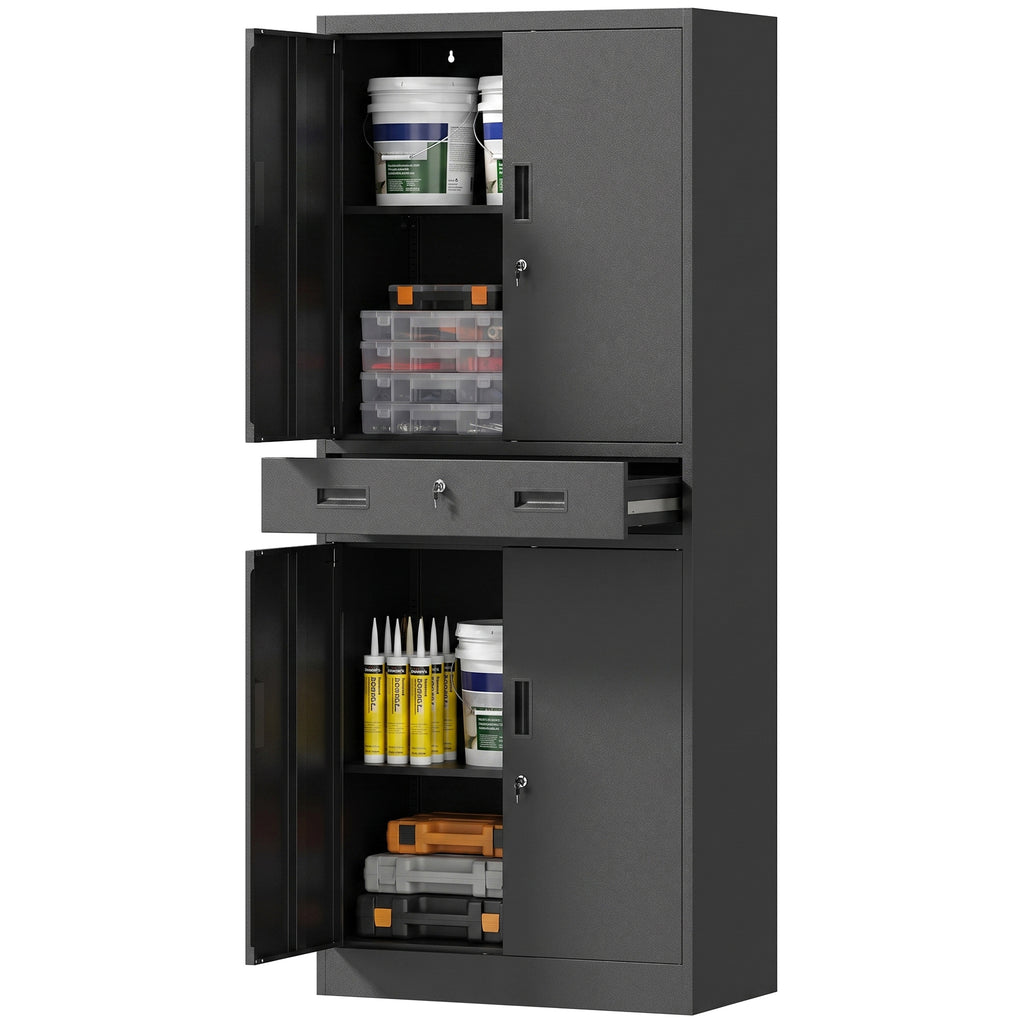 Metal Storage Cabinet, 180cm Tall Tool Cabinet with Locking Doors, Drawer and Adjustable Shelves, Black
