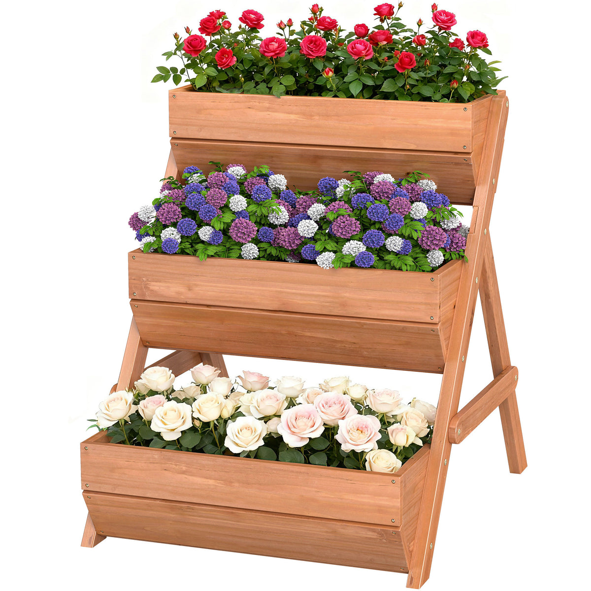 3 Tier Raised Garden Bed Wooden Elevated Planter Box Kit, 66L for Flower, Vegetable, Herb, 65x75x78cm, Brown