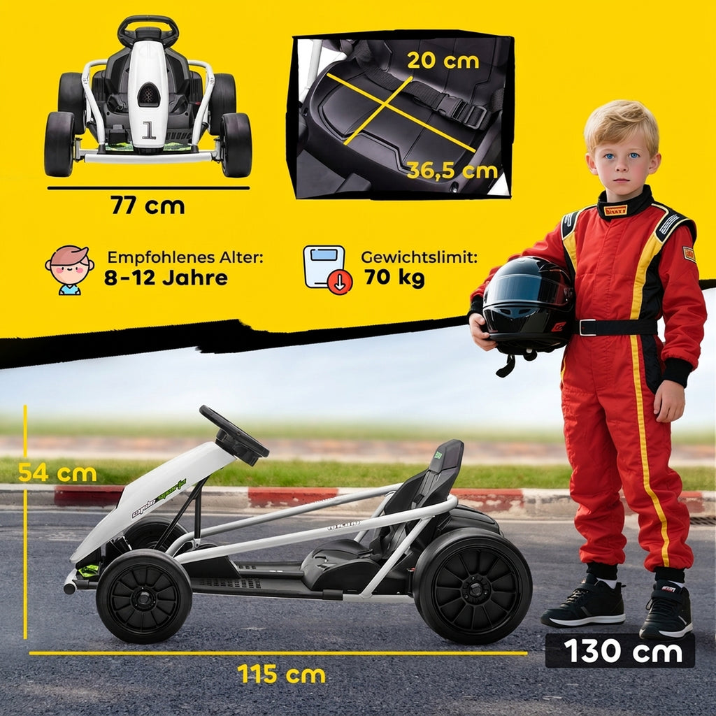 24 V Elektro Go-Kart für Kinder Bis 13 Km/h Gokart mit Drift-Funktion, Drift-Kart mit 2 Motoren für 8–12 Jahre Weiß