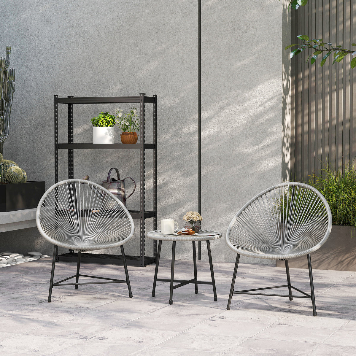 3-teiliges Gartenm?bel-Set, 2 Kunststoffrattan-St¨¹hle, 1 Tisch mit Glasplatte, Stahlrahmen, Outdoor-Sitzm?bel, Grau