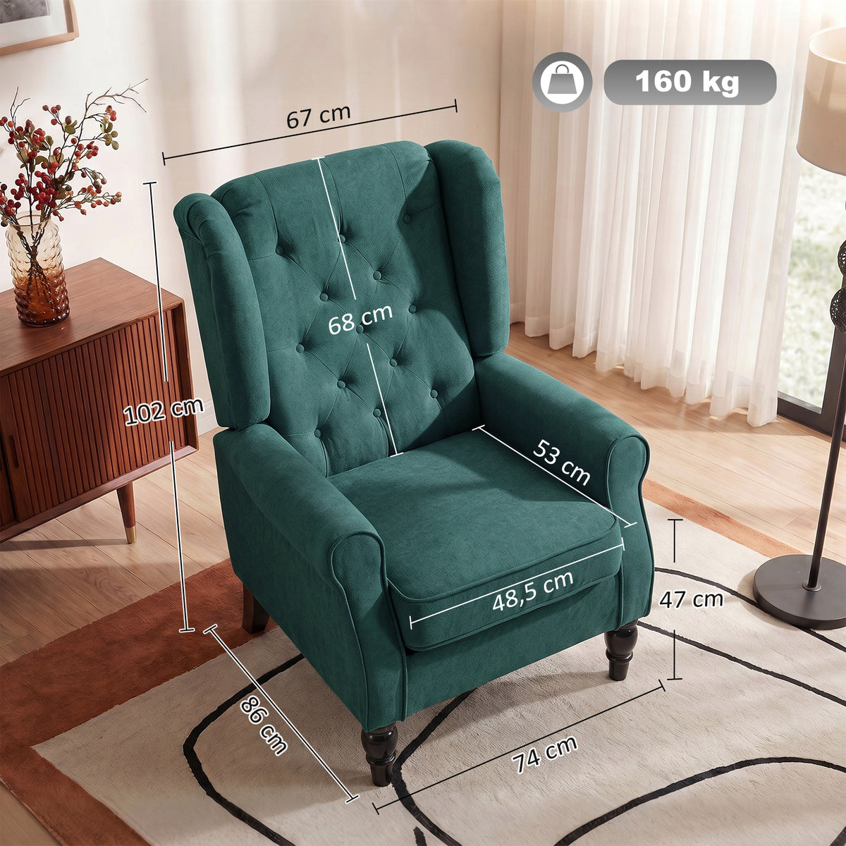 Sessel Ohrensessel mit Armlehnen, mit Kissen, Tufting, Dunkelgrün