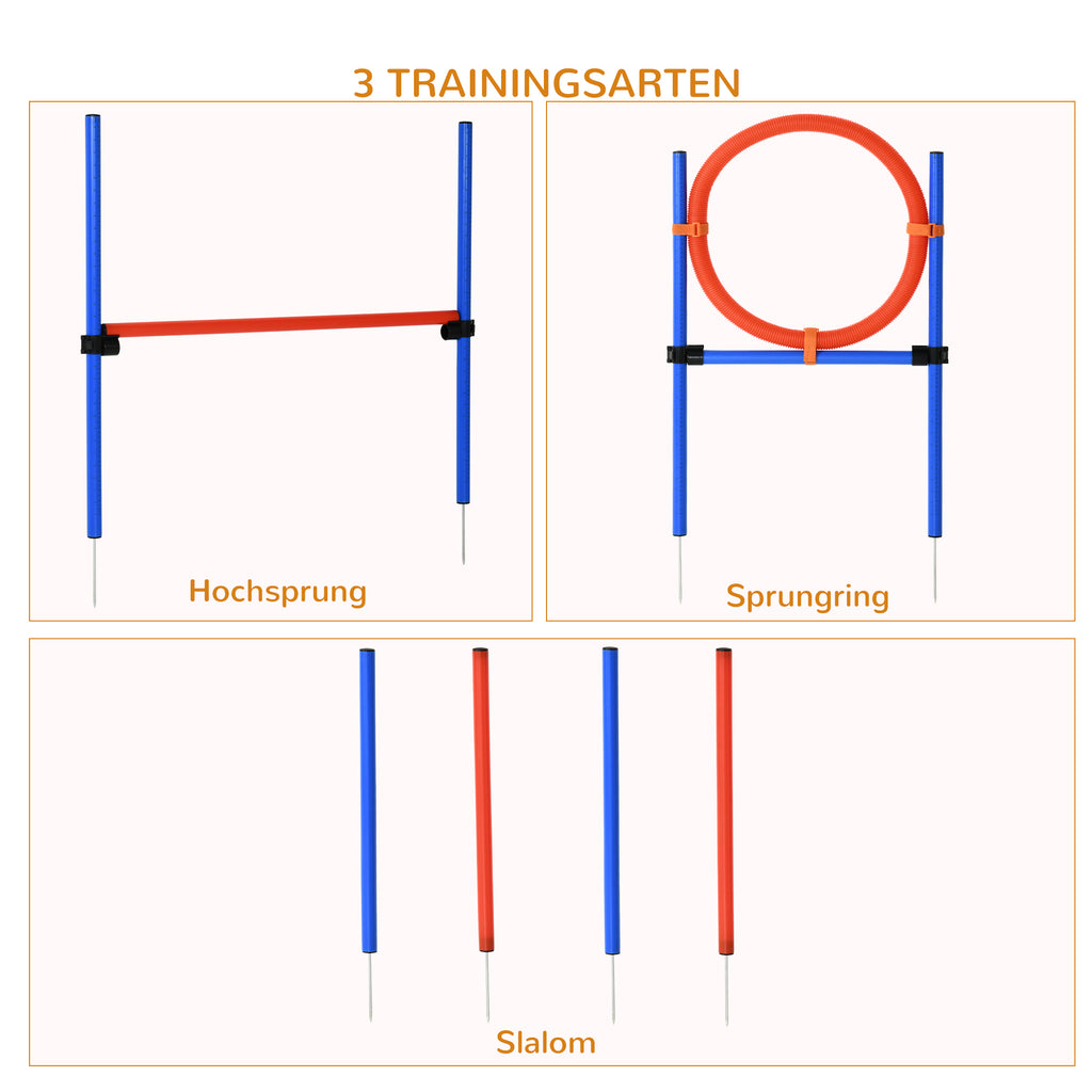  Hunde-Agility-Trainingsgeräte, Agility-Übungs-Set, Hund Agility Set, Slalom-Hürden-Sprungring für Hunde, 3 in 1 Hundesport Trainingsplatz, Blau+Rot