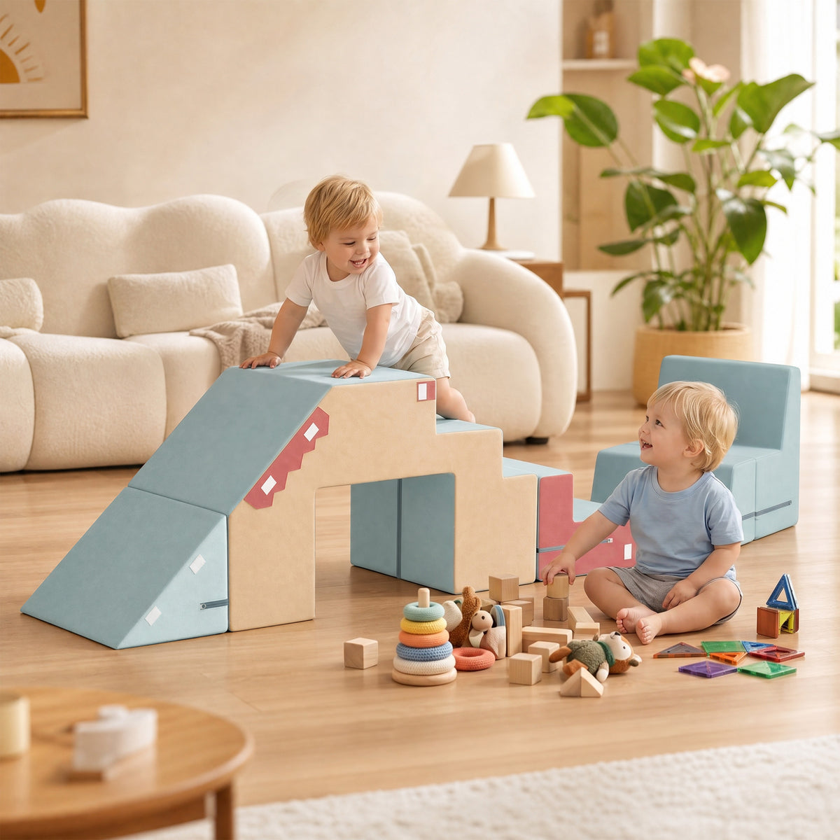 2-teiliges Schaumstoff Bausteine für Kleinkinder mit abnehmbaren Bezügen, Indoor-Kletter- und Krabbelspielset, Blau